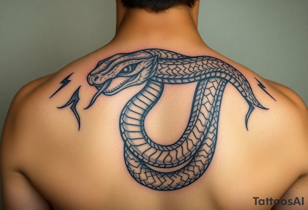 Detailed unique amazing looking snake who Battles the mental State derealisation. Elements like fire, water, or lightning. tattoo idea