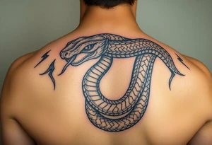 Detailed unique amazing looking snake who Battles the mental State derealisation. Elements like fire, water, or lightning. tattoo idea