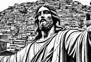 statue of jesus from Rio De Janeiro, below him as background there are favelas houses and above his hands as background is sky with slight clouds tattoo idea