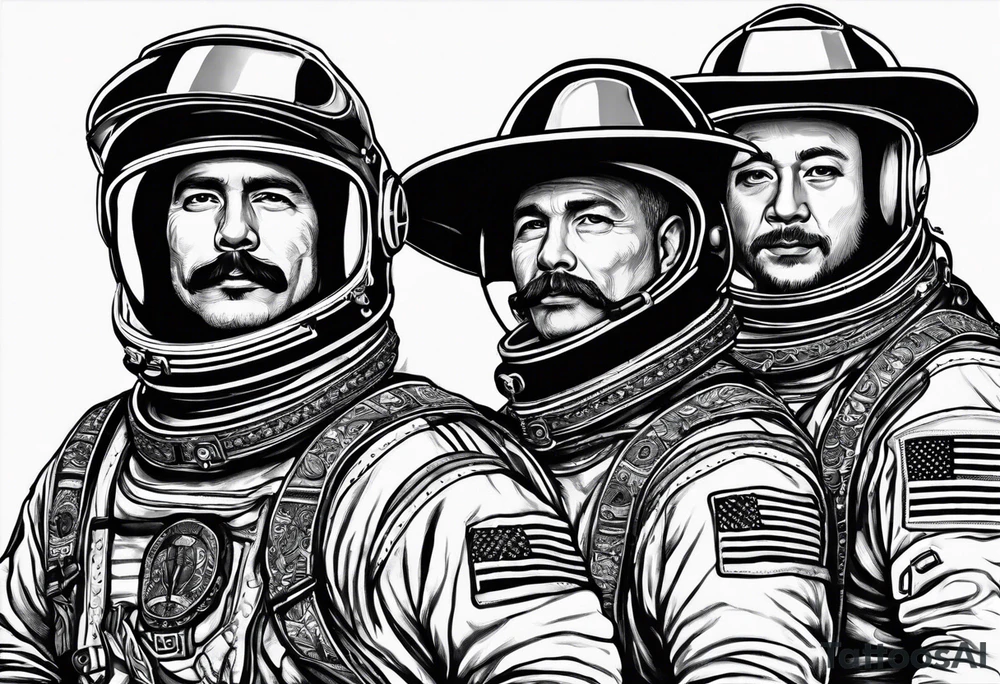three astronauts standing together and each one is wearing a sombrero tattoo idea