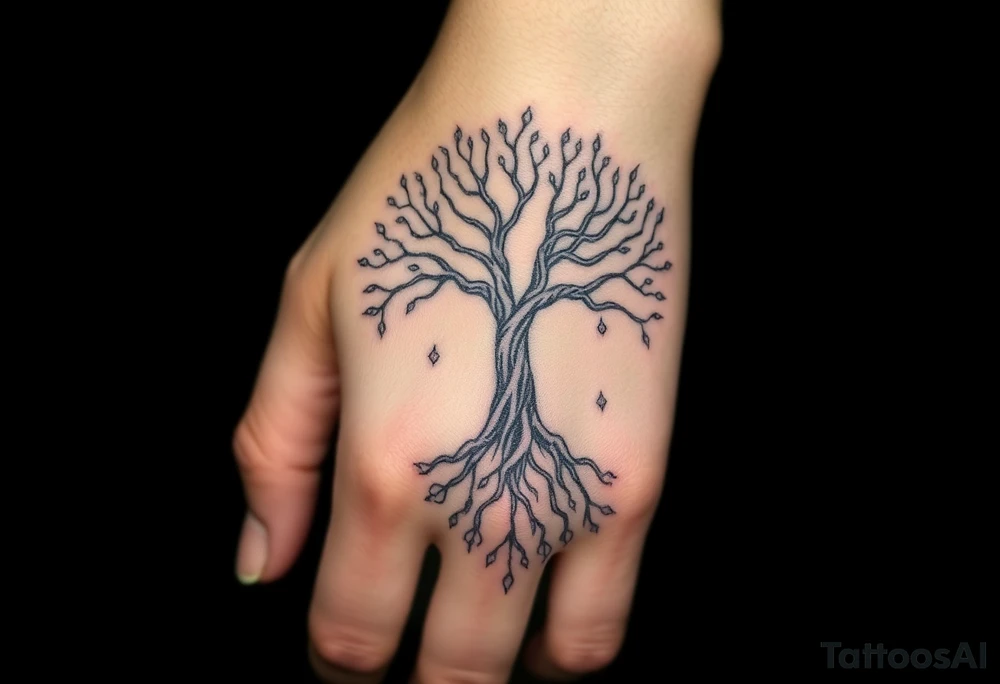 mystical tree of life with cosmic roots and celestial branches tattoo idea