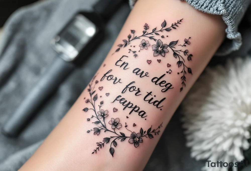 Quote: "En del av deg for evig tid. 
Pappa 20.12.24"
Surround the quote with delicate long blossom gladious, music notes, hearts and an anchor tattoo idea