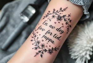 Quote: "En del av deg for evig tid. 
Pappa 20.12.24"
Surround the quote with delicate long blossom gladious, music notes, hearts and an anchor tattoo idea