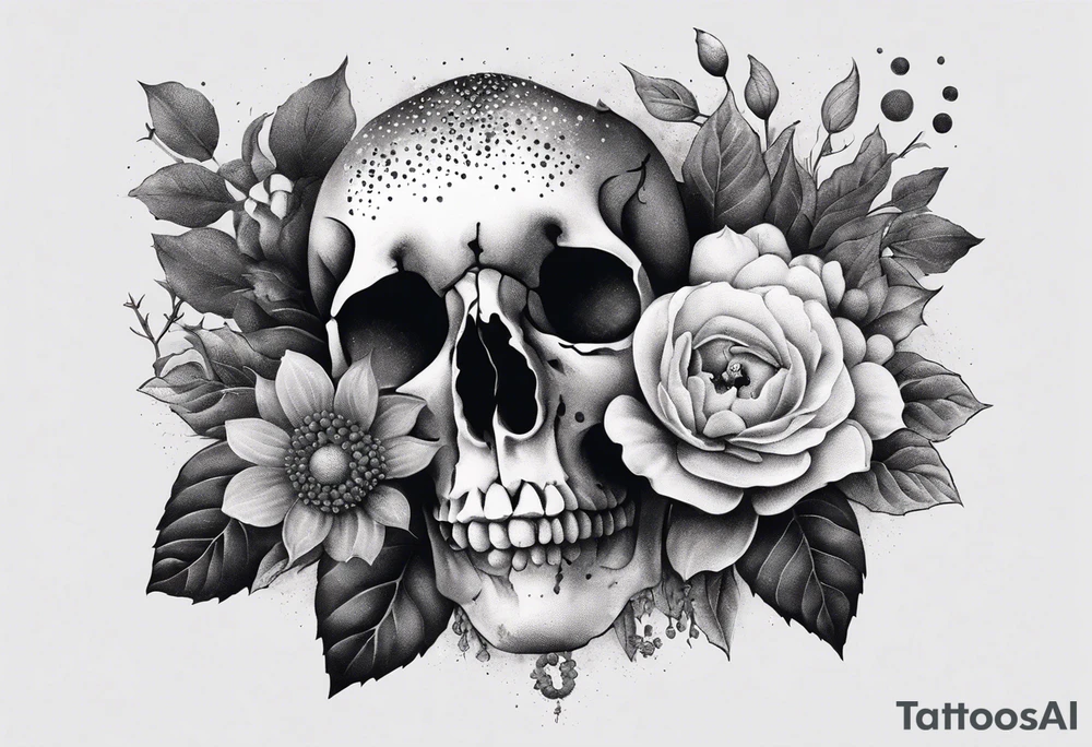 Flowers, potions, small skull, big flowers small snake with dot work in between tattoo idea