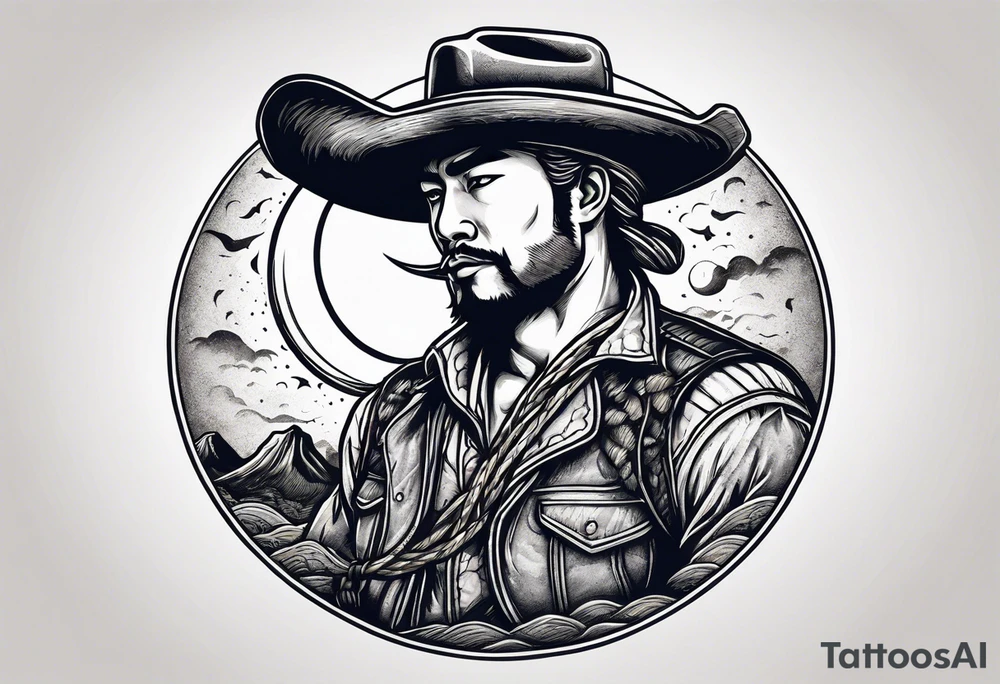 A moon with a cowboy hat and lasso tattoo idea