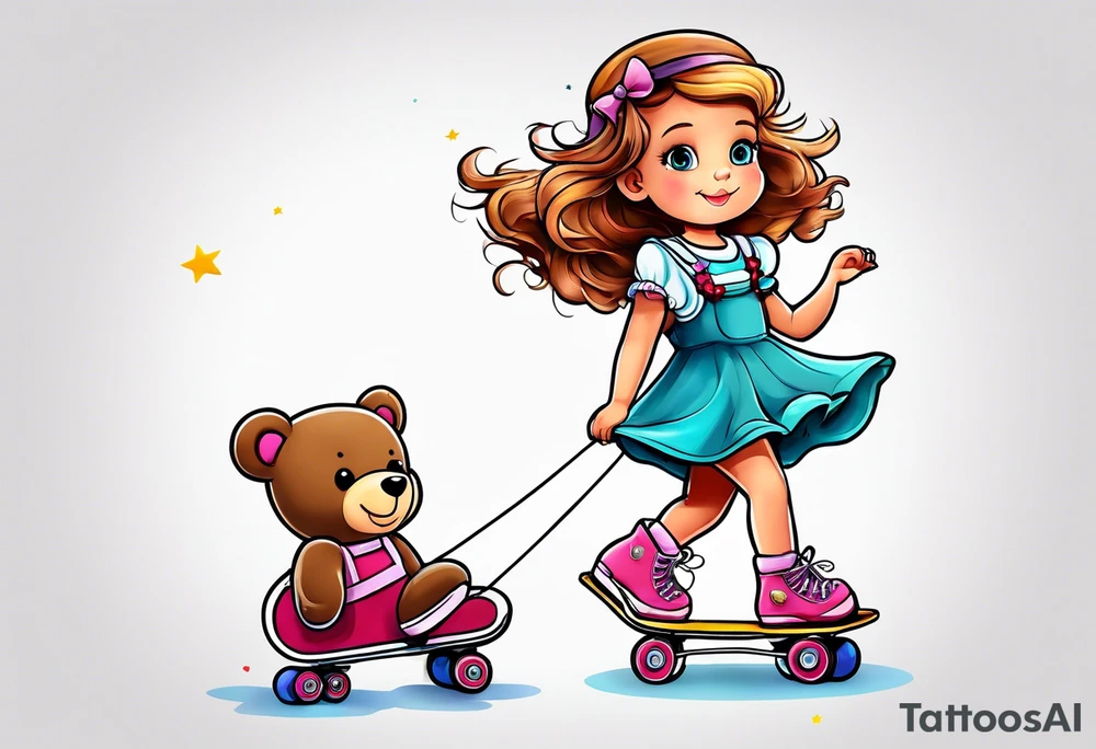 a little girl in a dress standing with a teddy bear in roller skates, flying a kite tattoo idea