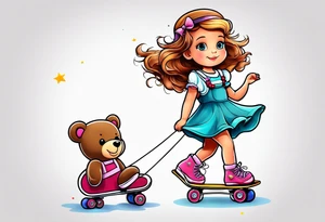 a little girl in a dress standing with a teddy bear in roller skates, flying a kite tattoo idea