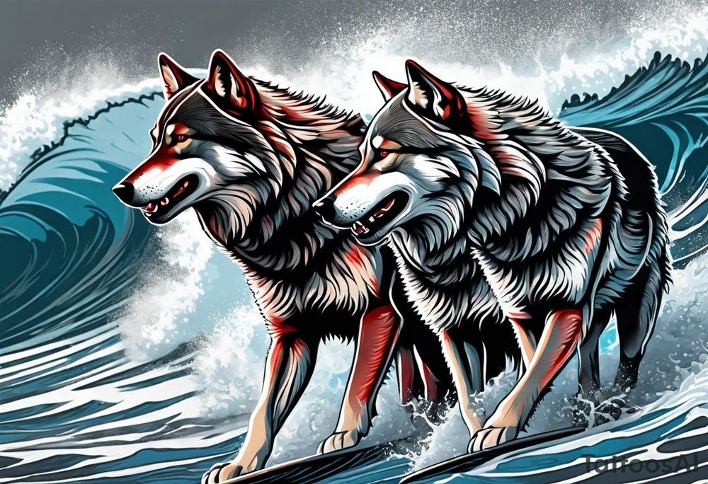a pack of 3 howling muscular  gray wolves surfing waves with a linear background with red, white and black and gray tattoo idea