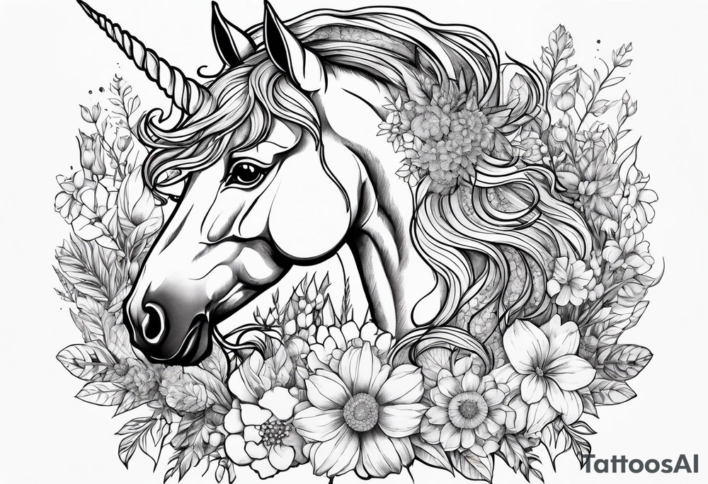 wildflowers and unicorn and warrior curly hair princess half sleeve tattoo idea