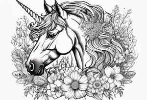 wildflowers and unicorn and warrior curly hair princess half sleeve tattoo idea