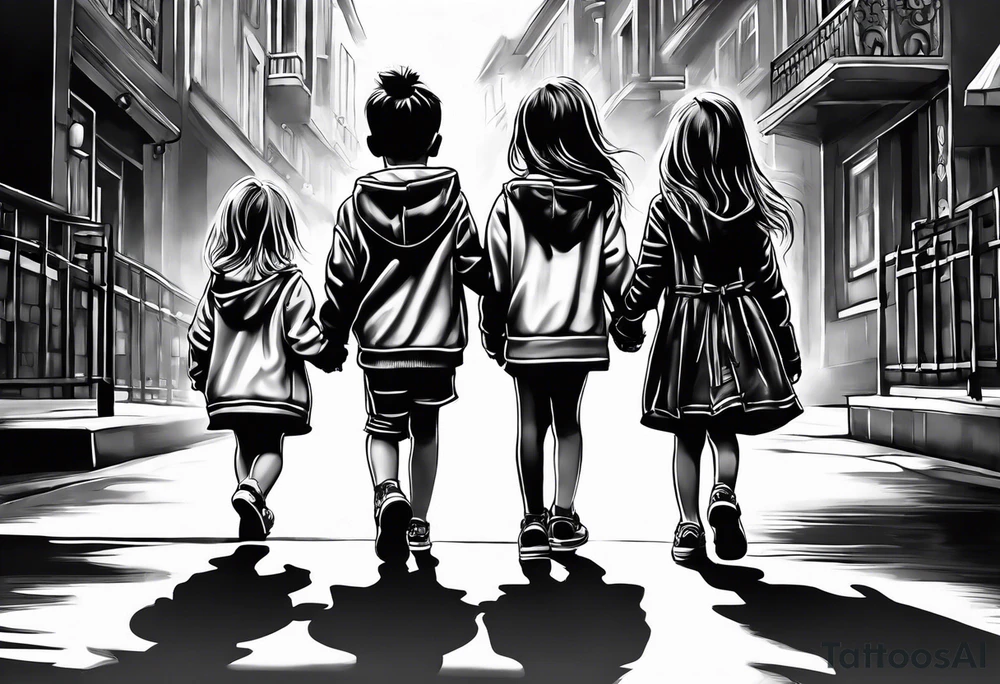 2 little girls, 1 little boy, 1 dad walking tattoo idea