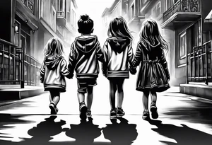 2 little girls, 1 little boy, 1 dad walking tattoo idea