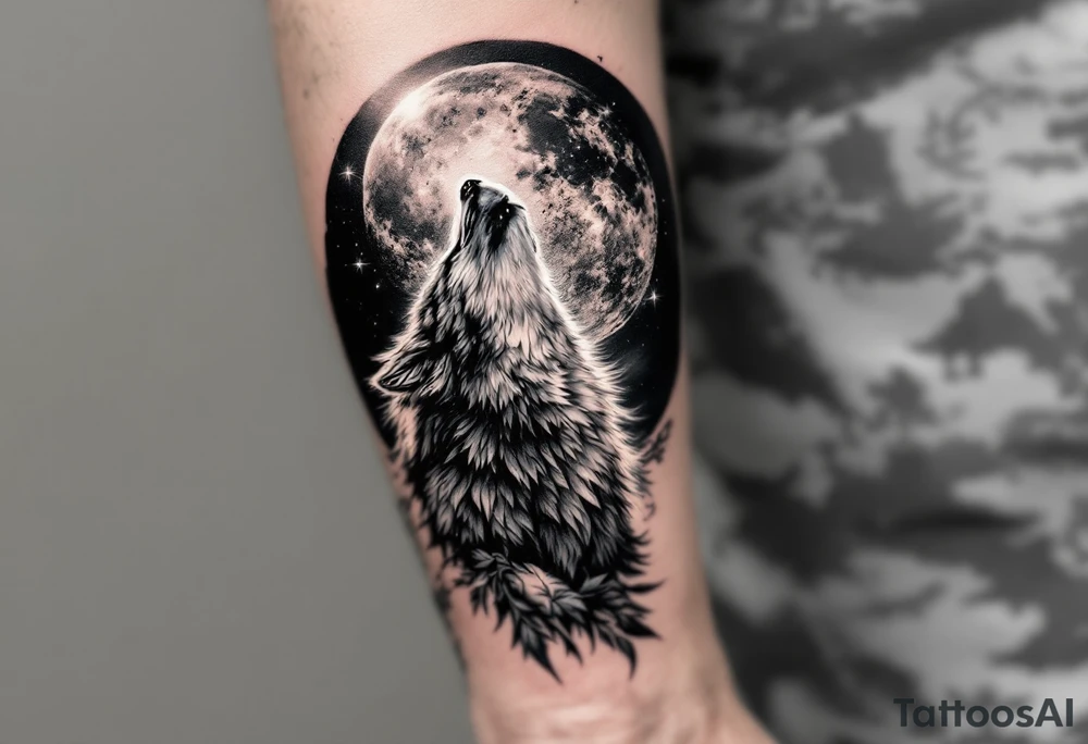Realistic wolf howling at the moon tattoo idea