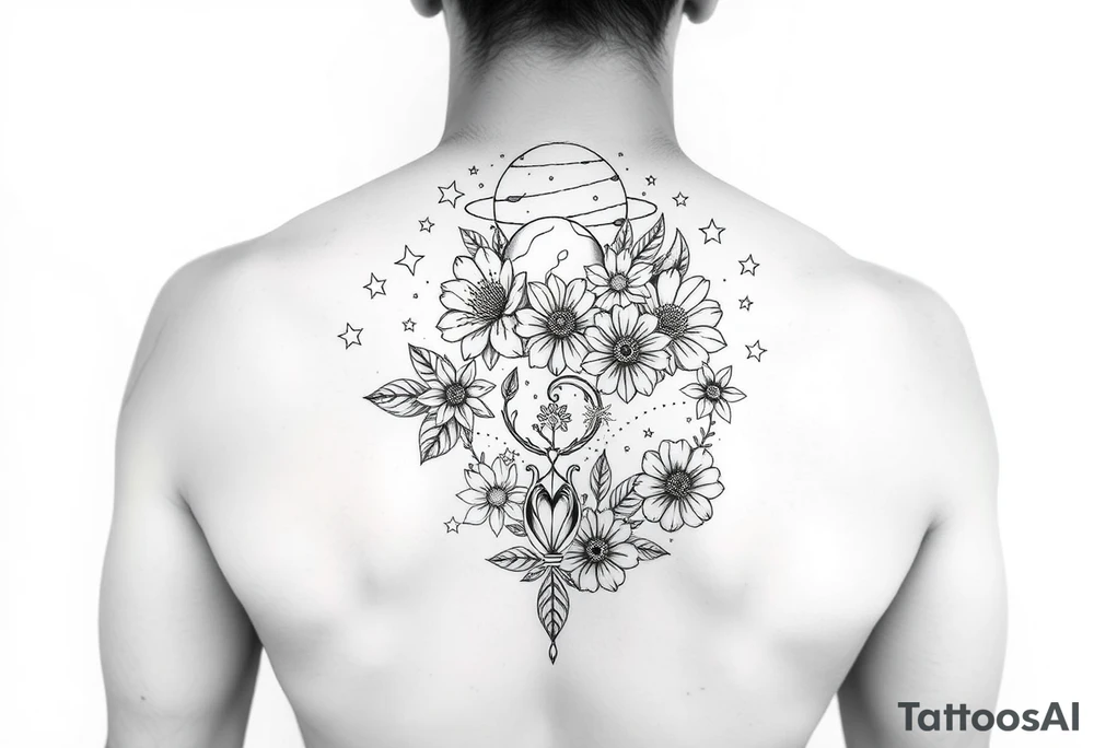 line art drawing of a womans torso with stars, flowers and planets coming from her head tattoo idea