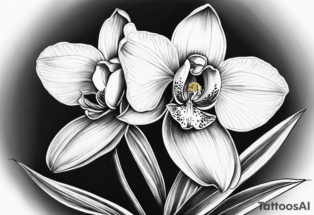 Cymbidium orchid with a rose on each side tattoo idea