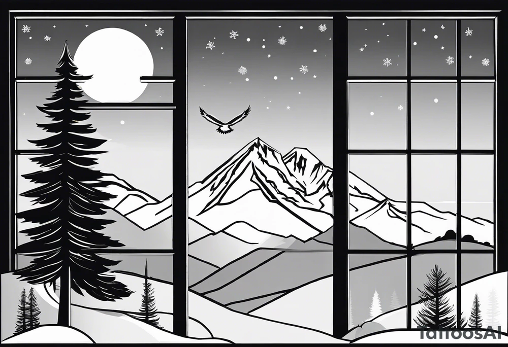 Black and white silhouette illustration of a a winter's night, with a mountain landscape in the background. An eagle is flying in the sky, depicted in bold black lines. A large pine tree stands in the left foreground, outlined simply. The window frame and scenery are drawn with minimal detail, focusing on the shapes and silhouette of the eagle and tree, with a serene, tranquil atmosphere in the composition. tattoo idea