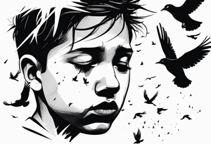 boy crying, being attacked by birds tattoo idea