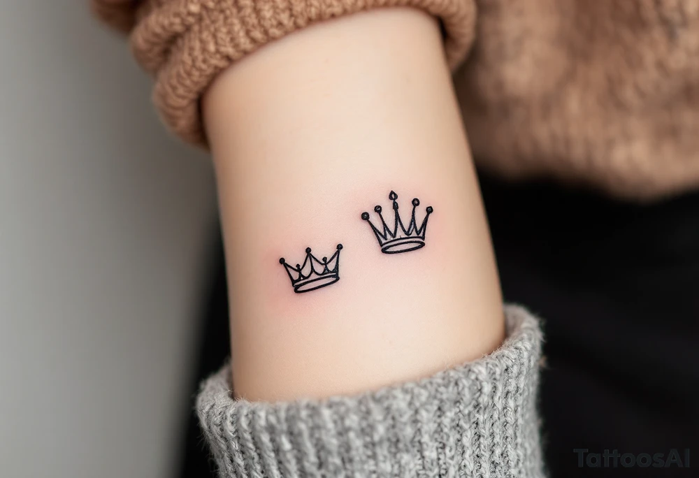 Tiny finger tattoos with black ink crown icons—spiky for king, rounded for queen. tattoo idea