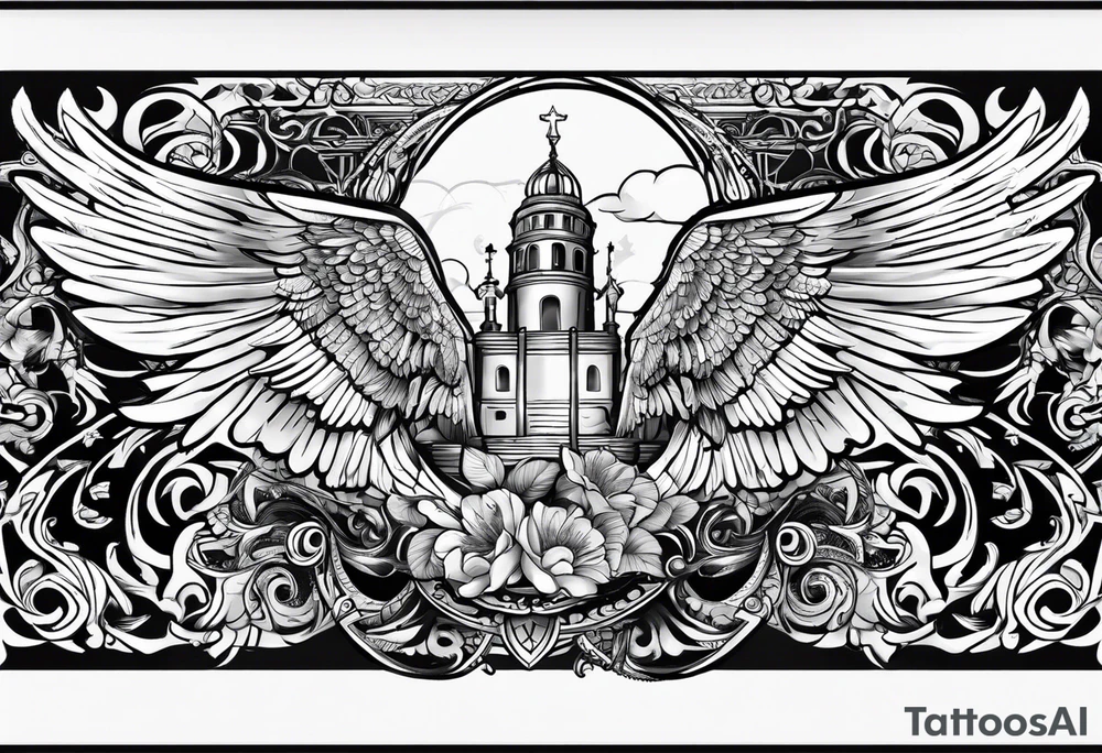 the word Glenn on a banner and angel wings tattoo idea
