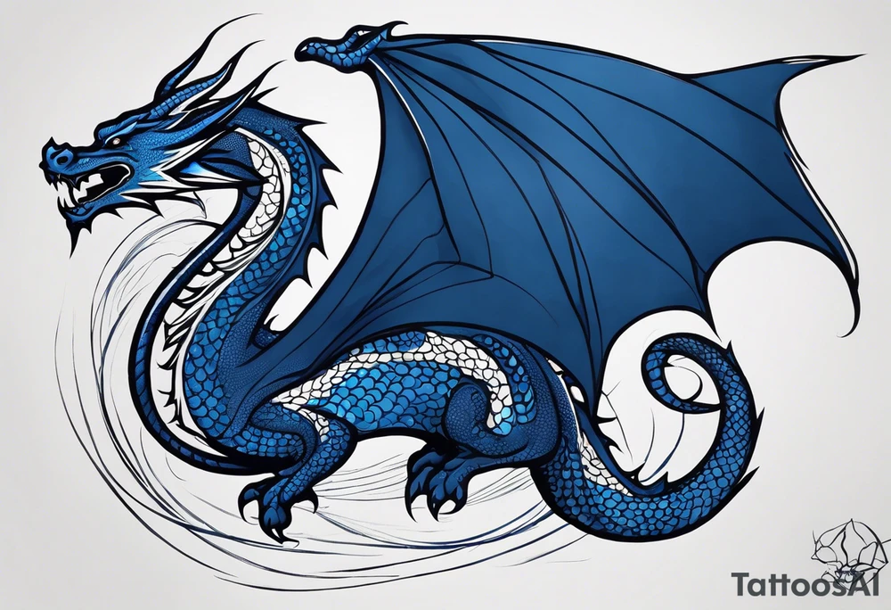 An epic floating dragon. Its long body coiling dynamically, with scales and horns detailed to create a sense of movement and strength. The dragon's main color is midnight blue, giving a vibrant depth and a mystical aura. This tattoo highlights the dragon’s fierce expression and sharp claws. tattoo idea