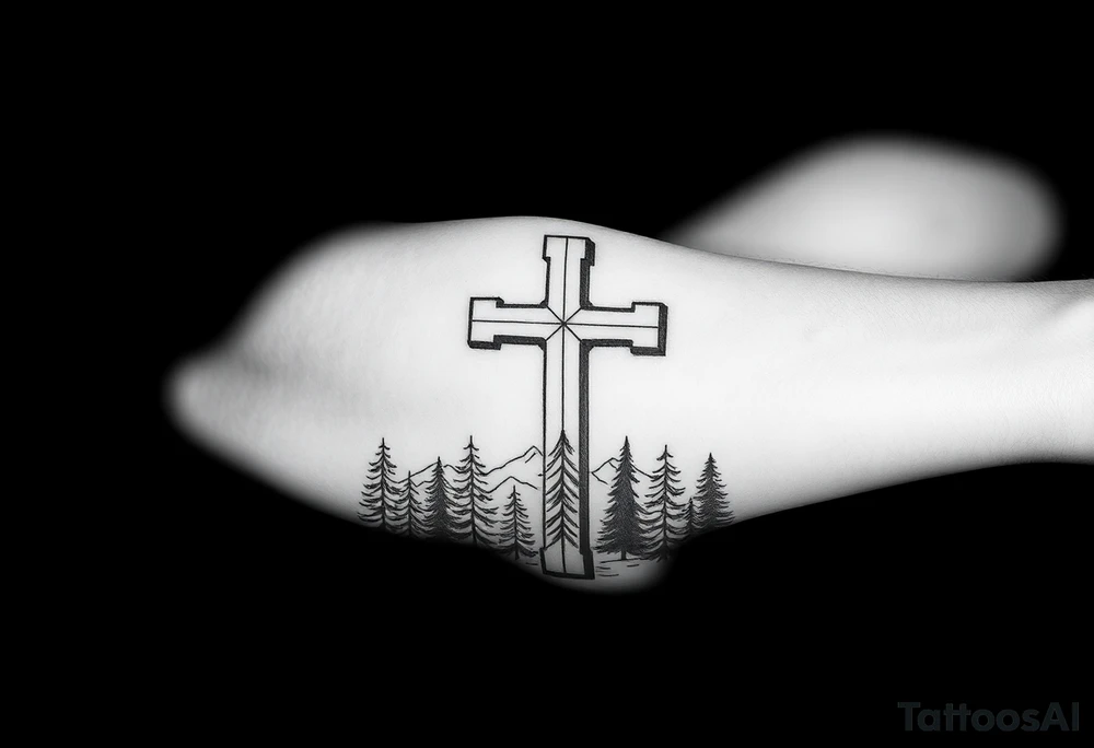 russian christian orthodox cross which is relatively small, with the diagonal line at the bottom with a light forrest with a light mountainous setting tattoo idea