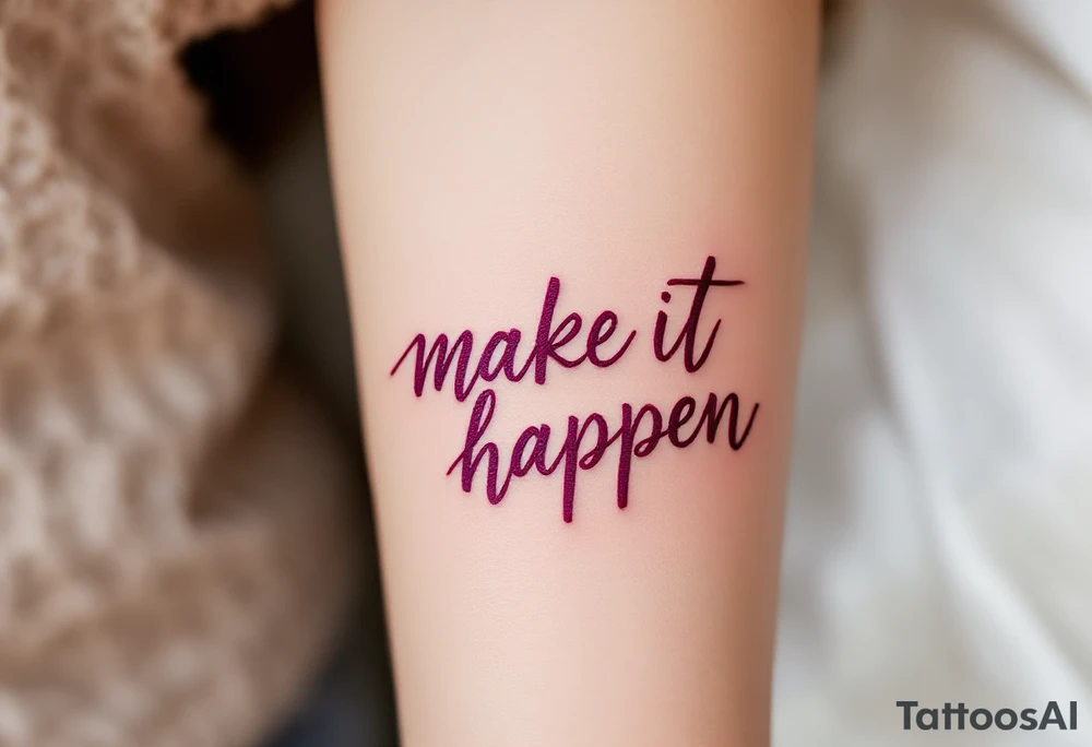 “Make it happen” in bold burgundy ink, underlined by a lightning bolt in burnt orange. tattoo idea