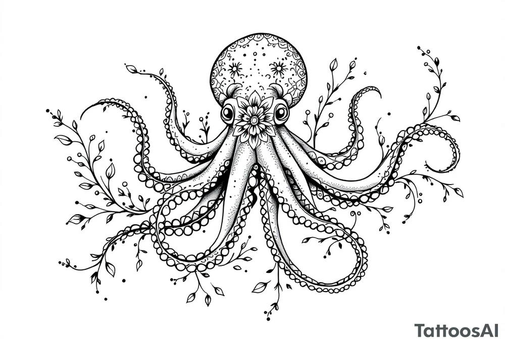 realistic octopus, detailed linework, intricate, black-and-grey shading, elegant floral vine, intertwining tentacles, thin black swirling lines, semi-transparent brown leaves, delicate mandala flower, dotwork, ornamental flourishes, radiating design, fine-line style, minimalistic, organic flow, feminine, artistic, slightly surreal, seamless composition, marine botanical fusion, lifelike texture, graceful rhythm, natural growth integration, body-following design, smooth shading, soft leaves wrapping, blooming shoulder flower, outward radiating pattern, vine tentacle flow, integrated sea creature, botanical octopus curved body placement, natural organic movement tattoo idea