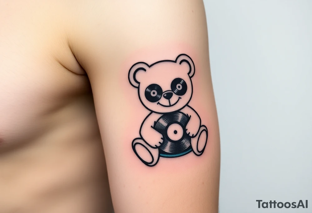 minimalist teddy bear with vinyl records as eyes smiling and sitting on a record yer tattoo idea