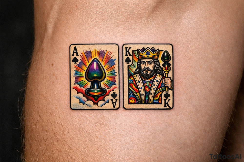 Two regal playing cards, Ace and King of Spades, butt plug replacing spades, vintage tattoo flash. tattoo idea