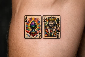 Two regal playing cards, Ace and King of Spades, butt plug replacing spades, vintage tattoo flash. tattoo idea