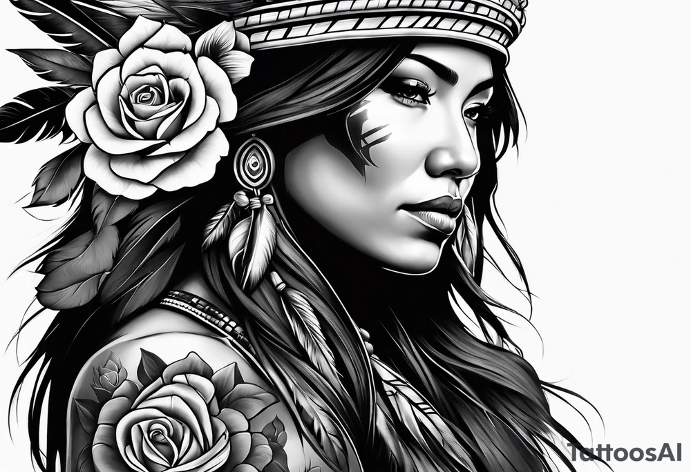 Native American woman chief with roses tattoo idea