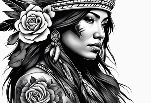 Native American woman chief with roses tattoo idea