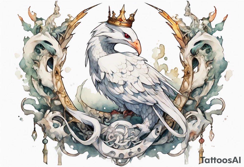 a white bird-serpent hybrid, wearing an iron crown on its head tattoo idea