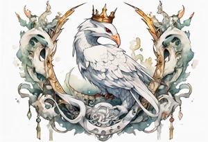 a white bird-serpent hybrid, wearing an iron crown on its head tattoo idea