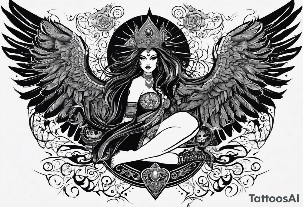 black kali, goddess pirate, alien, angel, pachamama, valkrye, warrior, flying, skull, lotus azul, wing, eagle, zenza resonance, stars, 5D, anahata chakra, death, durga, riding on a tiger, flying lady tattoo idea