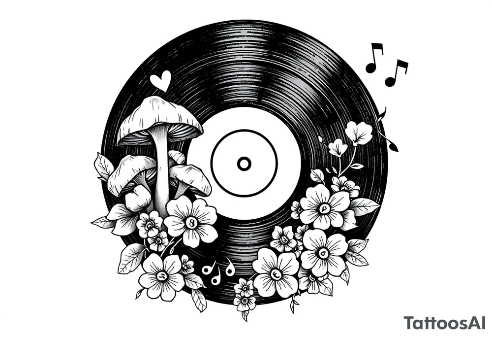 vinyl record with mushrooms, flowers, hearts, and music notes tattoo idea