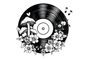 vinyl record with mushrooms, flowers, hearts, and music notes tattoo idea