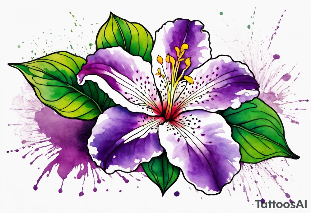 An outline of a rio dipladenia flower with green pedals and a purple watercolor splash in the background tattoo idea