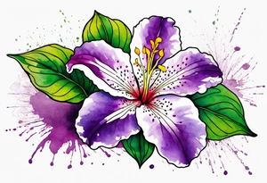 An outline of a rio dipladenia flower with green pedals and a purple watercolor splash in the background tattoo idea