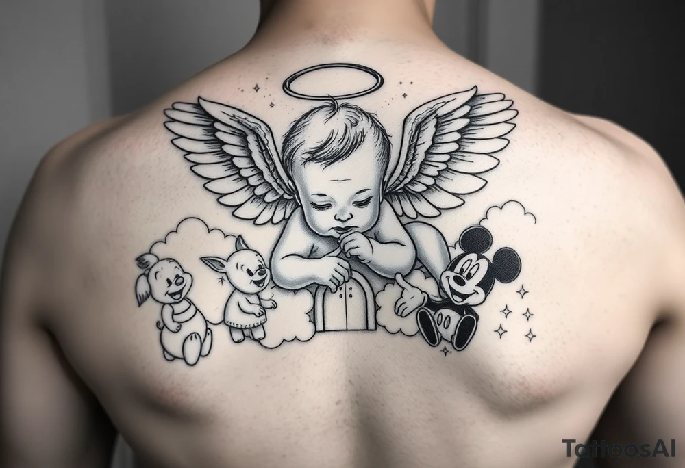 Babyboy with angel wings crawling to clouds and heavens gate surrounded by Disney characters winnie the poo, piglet, eeyor, baby mickey and baby minnie mouse as babies tattoo idea
