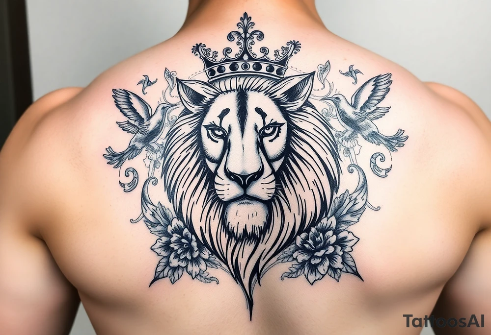 powerful majestic lion with a crown, surrounded by floral ornaments and birds tattoo idea