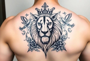 powerful majestic lion with a crown, surrounded by floral ornaments and birds tattoo idea