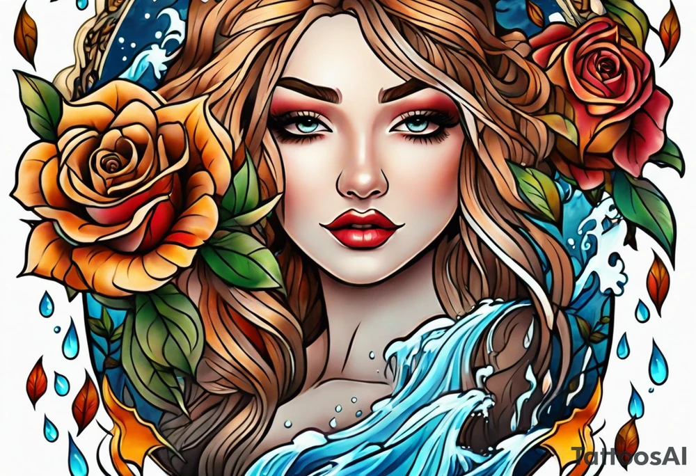 thigh tattoo with fall colors showing, flowers, roses, water flow, and sky tattoo idea