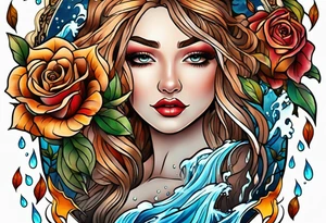 thigh tattoo with fall colors showing, flowers, roses, water flow, and sky tattoo idea