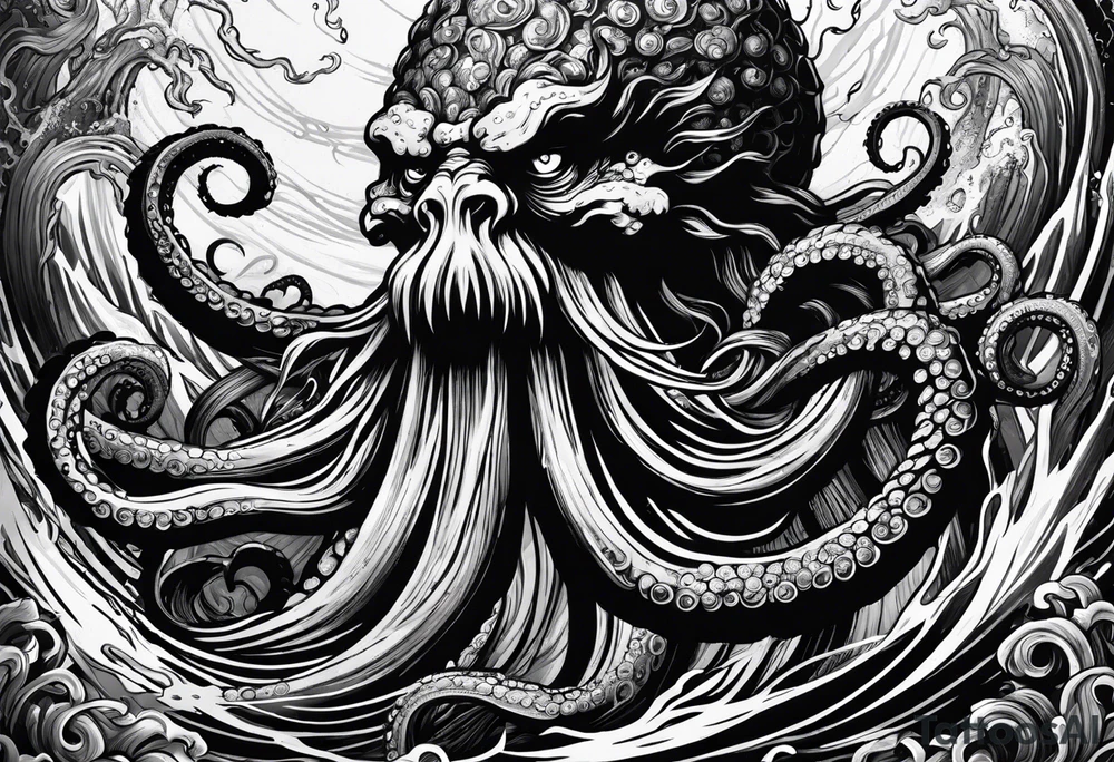Kraken octopus tentacles grabbing Poseidon thrusting trident into monster deep ocean stormy tattoo idea