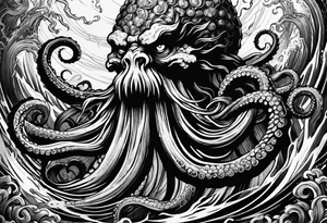 Kraken octopus tentacles grabbing Poseidon thrusting trident into monster deep ocean stormy tattoo idea