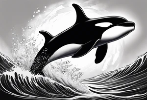 A male orca, black tattoo, 6-7 cm. sun beams in water, male orca diving down, tattoo viewpoint is half in water half out, maybe the big male dorsal fin is out of water on top if it looks good. tattoo idea