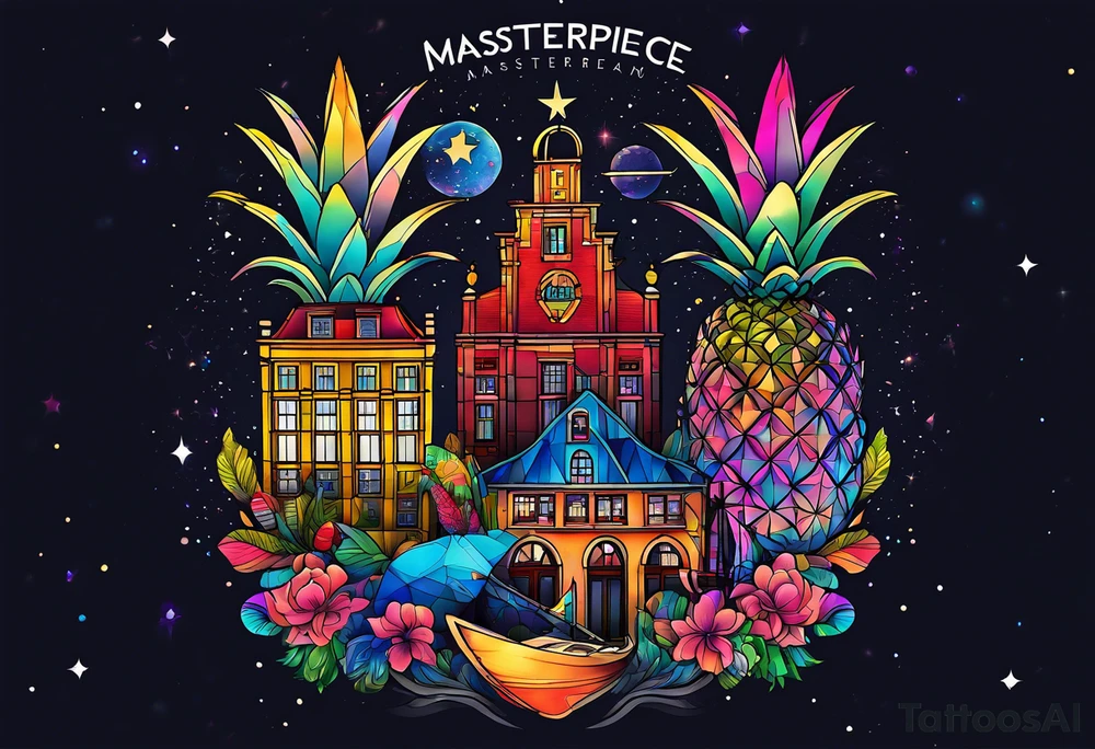 Animals featuring animals and featuring colours of the universe and galaxies and pineapples in amsterdam city featuring Amsterdam buildings and canal made of glass tattoo idea