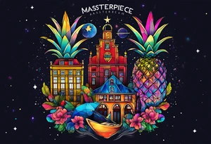 Animals featuring animals and featuring colours of the universe and galaxies and pineapples in amsterdam city featuring Amsterdam buildings and canal made of glass tattoo idea