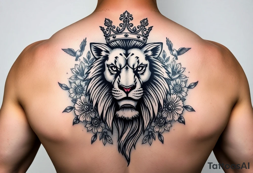 powerful majestic lion with a crown, surrounded by floral ornaments and birds tattoo idea